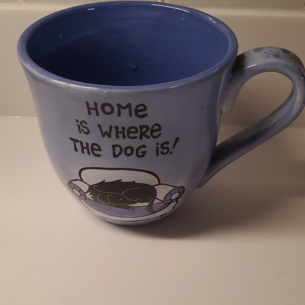 Laurie Veasey "Our Name Is Mud" mug with "HOME IS WHERE THE DOG IS"